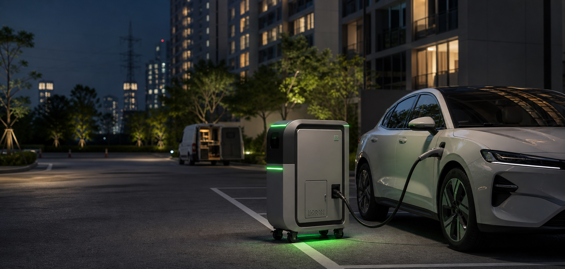 A compact mobile charging unit safely charging a parked EV overnight in an apartment parking lot